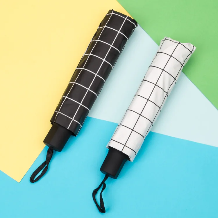 

Three Fold Grid Folding Parasol All-Weather Umbrella Vinyl Stripes Sun-resistant UV-Protection Parasol