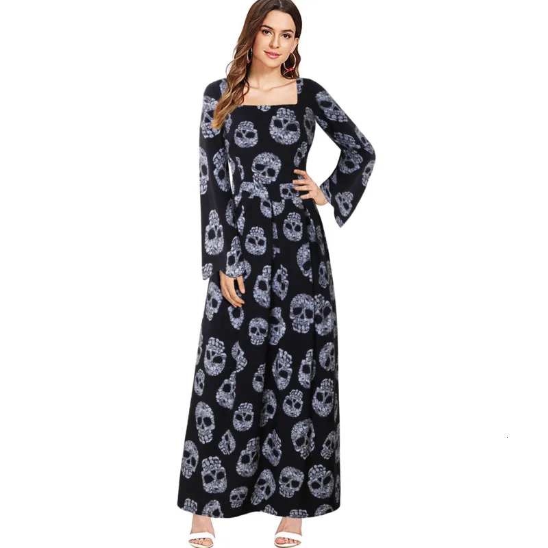 

JIEZuoFang Women Fashionable Pin up Long Flare Sleeve Square Collar Sugar Skull Halloween Party Clothing Maxi Dress elegant