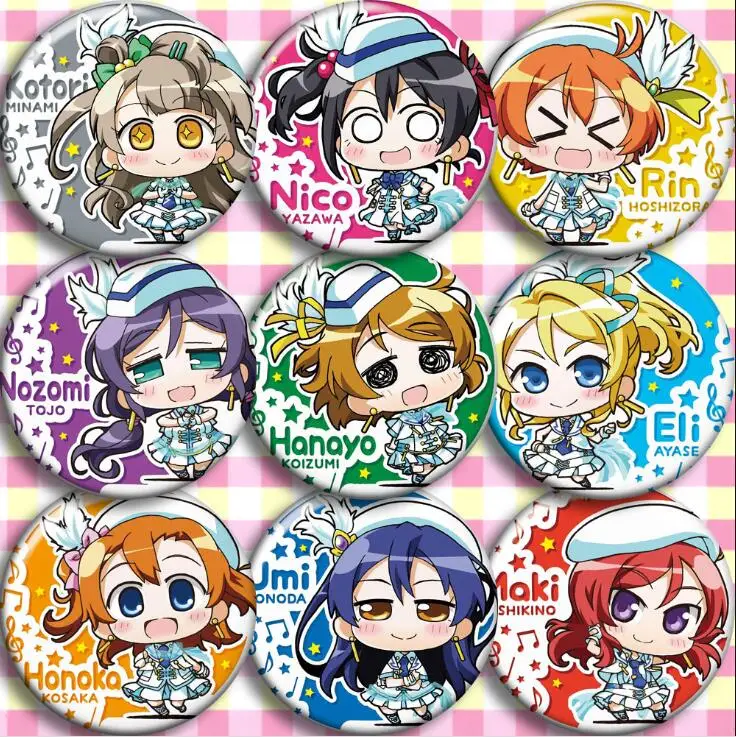 9 шт/1 лот аниме Love Live Nico Kotori Rin Nozomi Hanayo Eli фигурка 5009 значки круглая брошь булавка