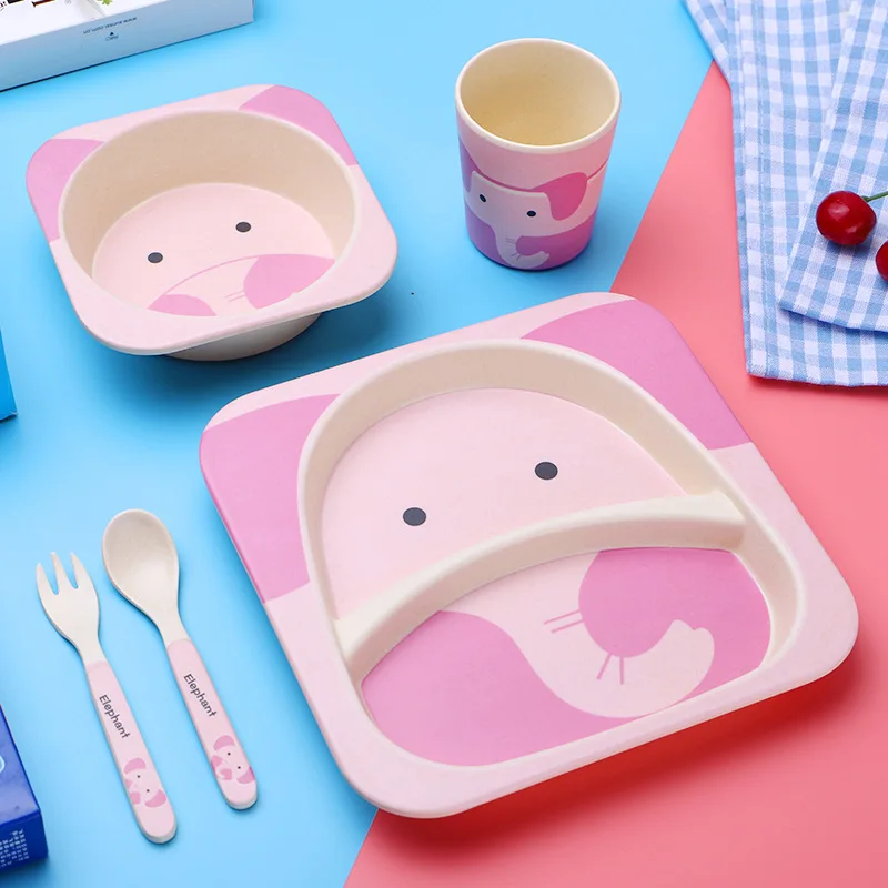 

5 Pcs/Set Baby Bamboo Fiber Tableware Set Baby Plate Children Cartoon Separation Plate Bowl Fork Spoon Cup Set Feeding Supplies