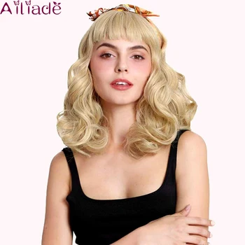 

Ailiade Short Finger Wave With Bangs Pink Blonde Black Wavy Cosplay Daily Wig Synthetic Wigs For Women American African