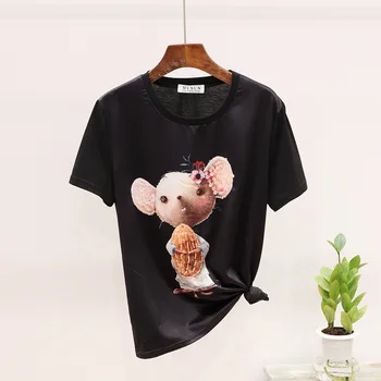 

Cotton Tshirt Women Pink White Black T-shirt Beaded Sequins Cute Mouse Print Short-Sleeved T-shirt Women's All-match Top Tees