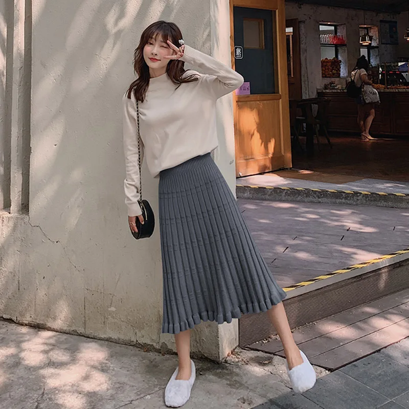 gray long skirt Корейские длинные юбки женские Осень Зима Высокая талия трикотажная плиссированная юбка Женская Harajuku плюс размер юбка jupe femme - Цвет: gray long skirt