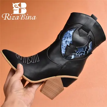 

RIZABINA Pointed Toe Mid Calf Boots For Women Fashion Embroidery Thick Heels Shoes Winter Warm Women Footwear Size 34-43