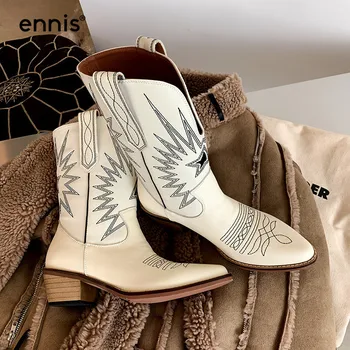 

ENNIS Short Western Boots Pointed Genuine Leather Women Boots Chunky Heel Shoe Embroidery Designer Ankle Boots Black White A0115