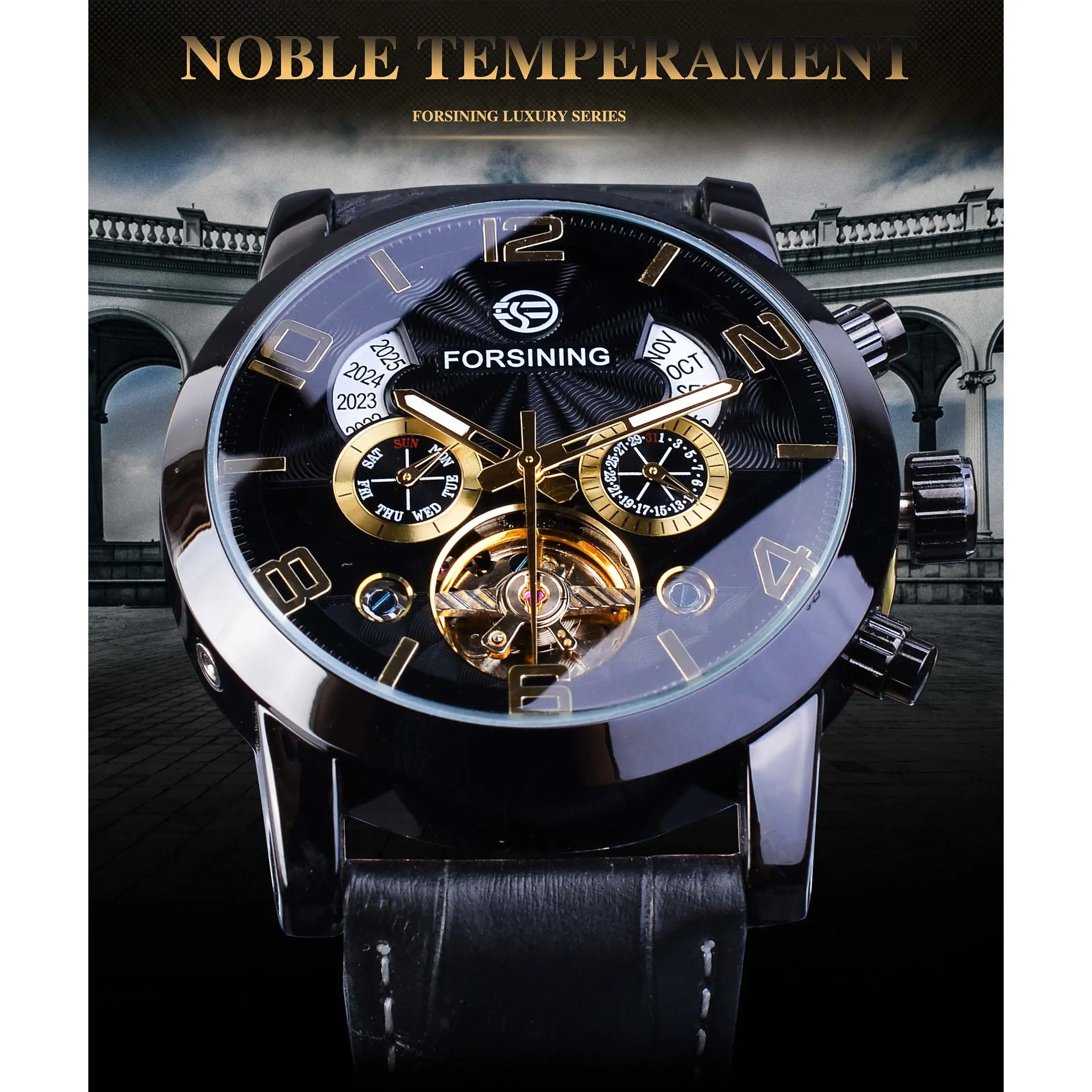 Cena Forsining Tourbillion Fashion Wave czarny złoty zegar Multi ekran funkcyjny męskie automatyczne mechaniczne zegarki Top marka Luxury