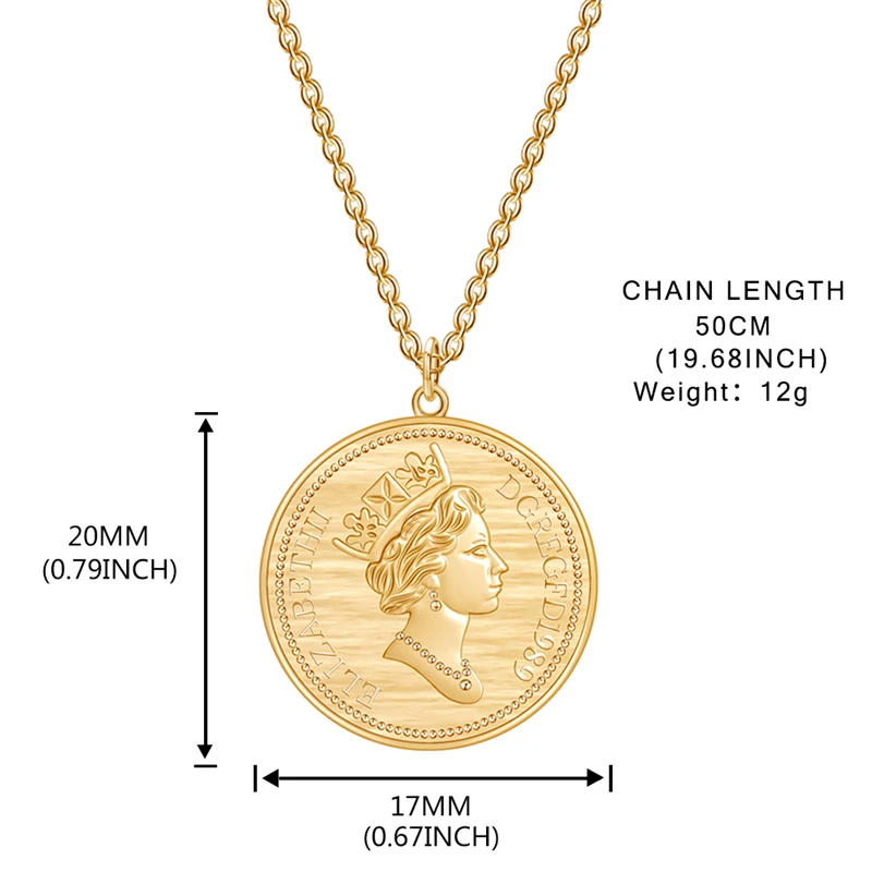 Creative Gold Silver Color Queen Elizabeth II Avatar Coin Pendant Necklaces Choker For Women Fashion Round Charm Necklaces