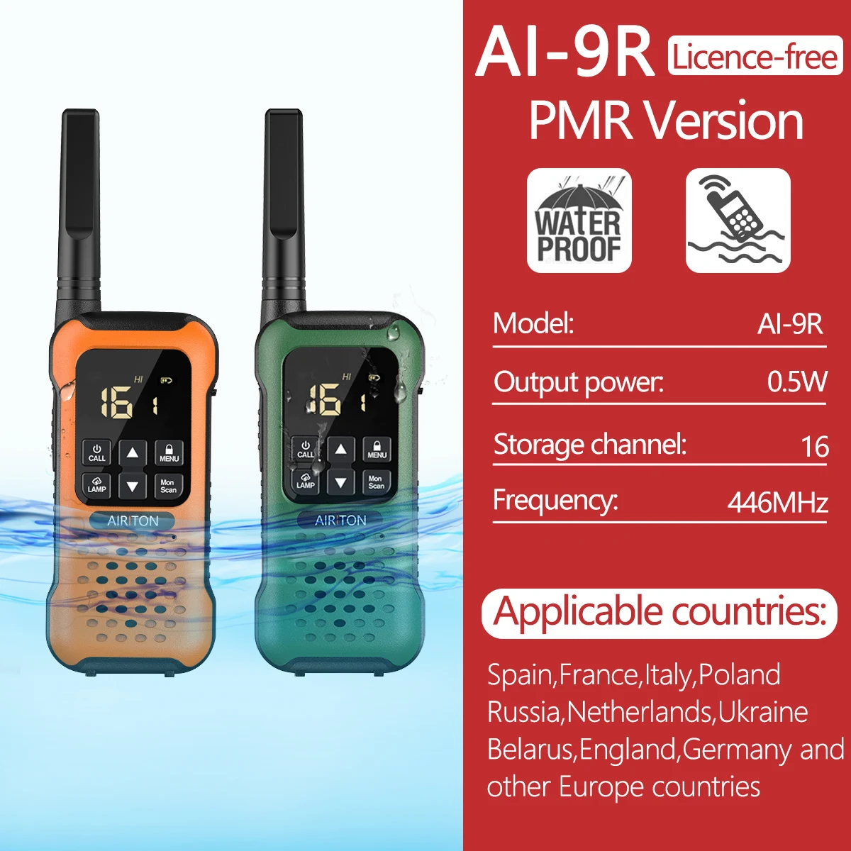 2Pcs Airiton AI-9R IP67 Floating Walkie Talkie Waterproof 30KM Long Range Powerful PMR/FRS Two way Radio Upgrade of UV-9r Plus long range walkie talkies 200 miles Walkie Talkie