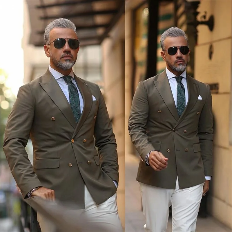 

2-piece Dark Grey Coat+White Pant Wedding Suits Handsome Custom Made Suits Tuxedos Party Formal Business Peaked Lapel Blazer