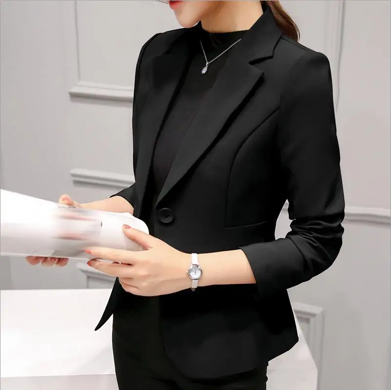 Black Women's Blazer Pink Long Sleeve Blazers Solid One Button Coat Slim Office Lady Jacket Female Tops Suit Blazer Femme Jackets - Цвет: Black
