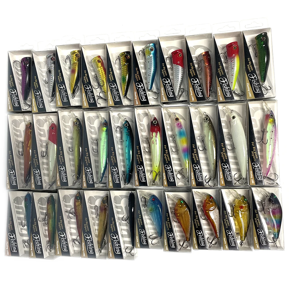 

Mixed Lots of 30pcs 7cm 7.5cm 8cm 11cm Popper Crankbait Minnow Pencil Hard Fishing Lures Multi Colors
