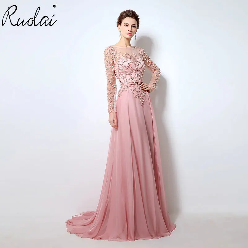 In Stock Pink Luxury Evening Dresses Long Full Sleeve with Sash A-Line Beaded Patrty Gown vestidos de fiesta noche | Свадьбы и