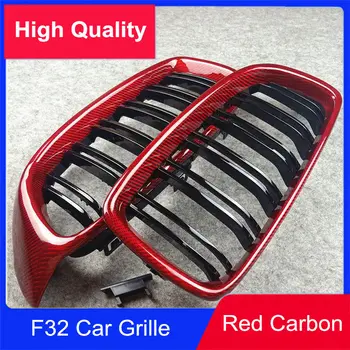 

New For F32 Double Slat Line Car Kidney Grille For B M W 4 Series Red Carbon Fiber Front Bumper Air Intake Grille