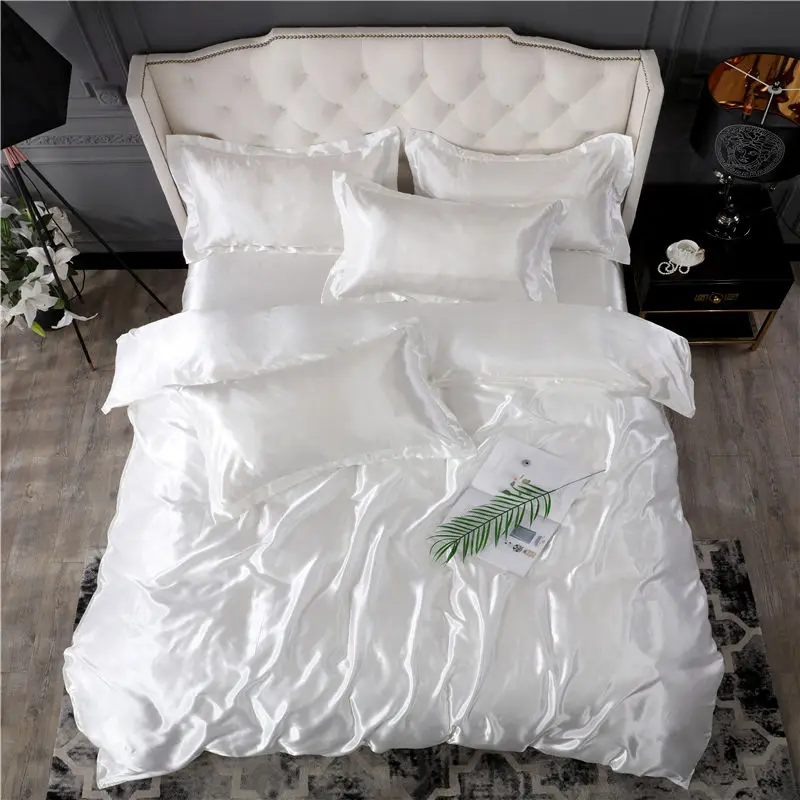 4pcs Soft Smooth Satin Bedding Set Luxury Queen King Size Bedding Set Solid Color Bed Sheet Quilt Duvet Cover Pillowcase