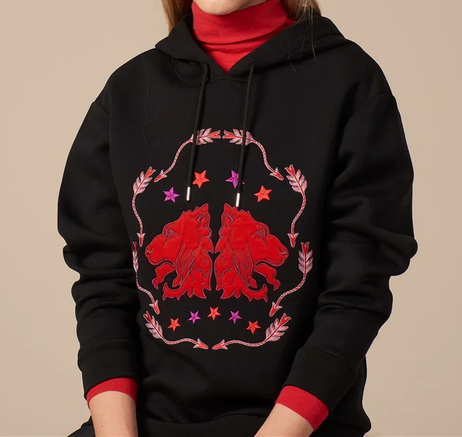 

Women Hoodie 2018 Autumn and Winter Lion Head Embroidery Print Drawstring Hooded Casual Sweater