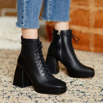 

2020 spring and autumn new fashion wild square head leather short boots female solid color thick high-heeled shoes X179