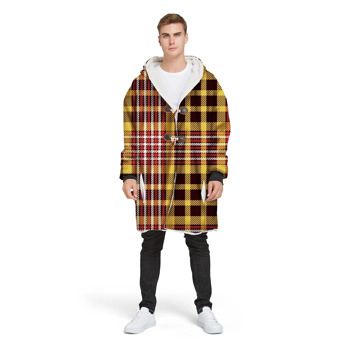 

2019 new brand 3D print custom design man's Sherpa coat loose long winter plus velvet jacket 100% polyester hooded warm CL07