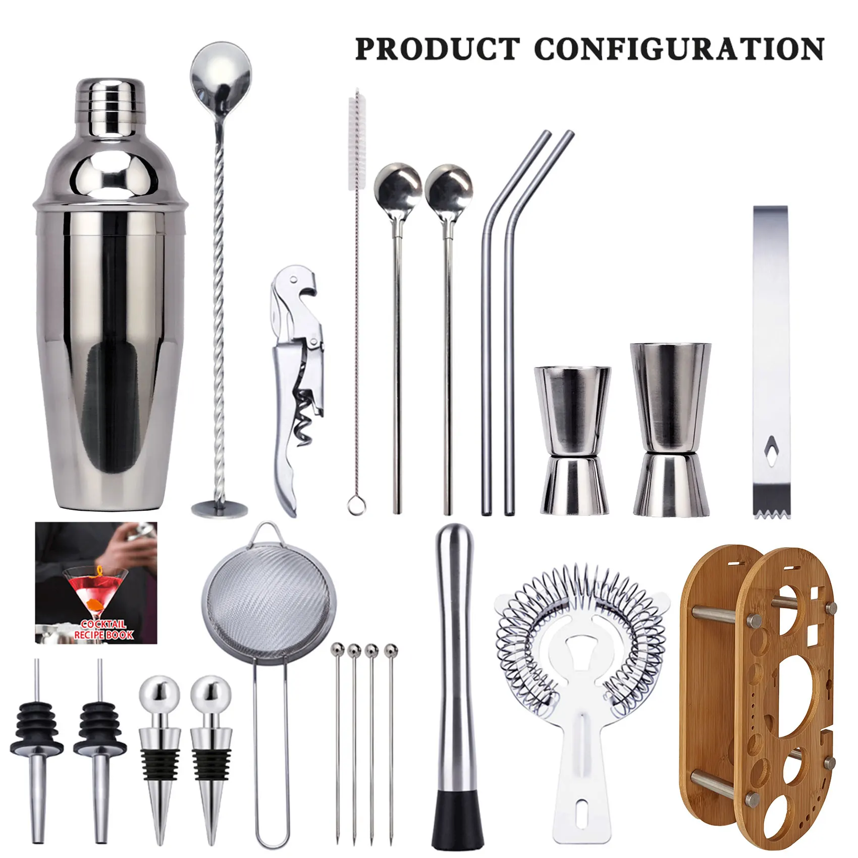Cocktail Shaker 23-Piece Cocktail Shaker Set Bartender Kit with Oval Bamboo Stand Detachable Home Bar Tools Stainless Steel