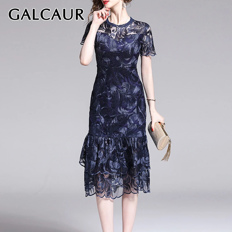 

GALCAUR Vintage Embroidery Print Dress Women O Neck Short Sleeve High Waist Slim Elegant Midi Trumpet Dresses Female New 2020