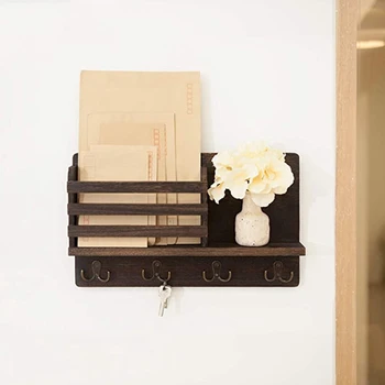 

Wall Mounted Mail Holder Wooden Mail Sorter Organizer with 4 Double Key Hooks and a Floating Shelf Rustic Home Decor