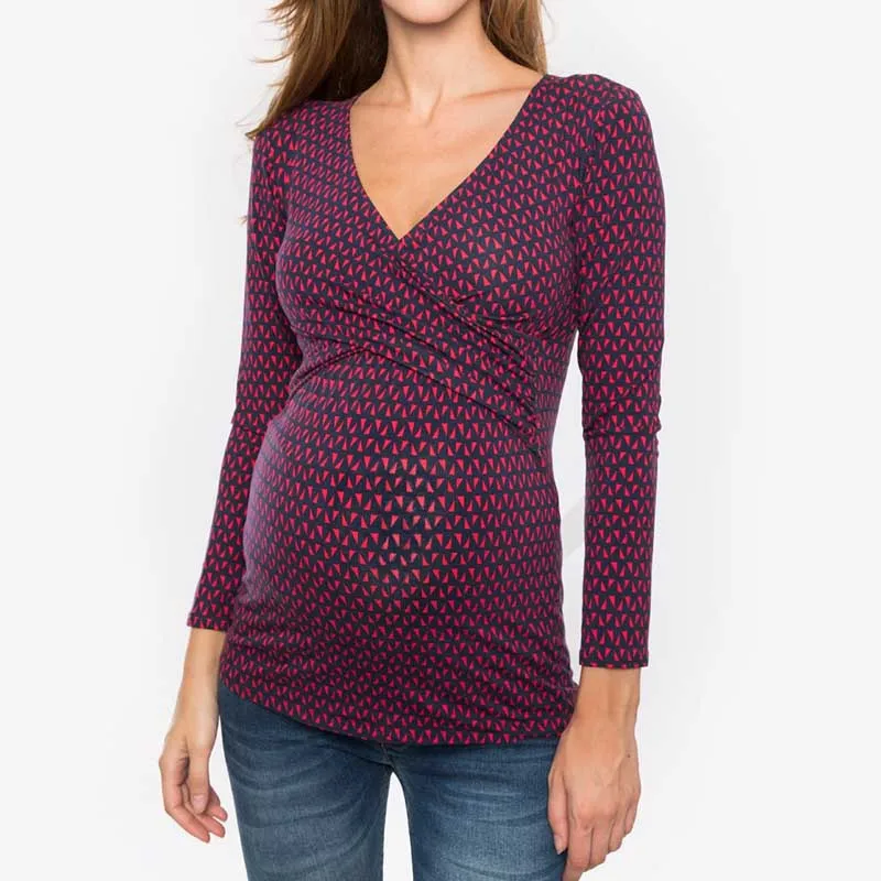 V neck-triangle Одежда для беременных кормящих женщин Сплошной круглый воротник кормящих топ с длинным рукавом Одежда для кормления грудью беременность футболка - Цвет: V neck-triangle