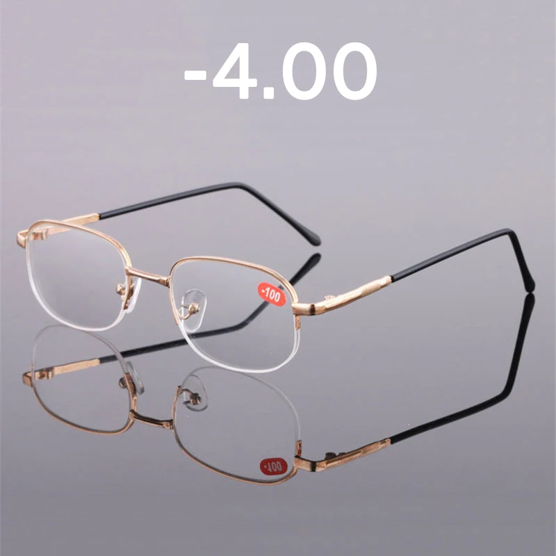 Elbru квадратныая металлическая готовой близорукость очки для Для мужчин Для женщин золотой с плоскими стеклами и половинной рамкой близоруким очки диоптрий-1,0 1,5 2,0 2,5 3 3,5 - Цвет оправы: -4.00