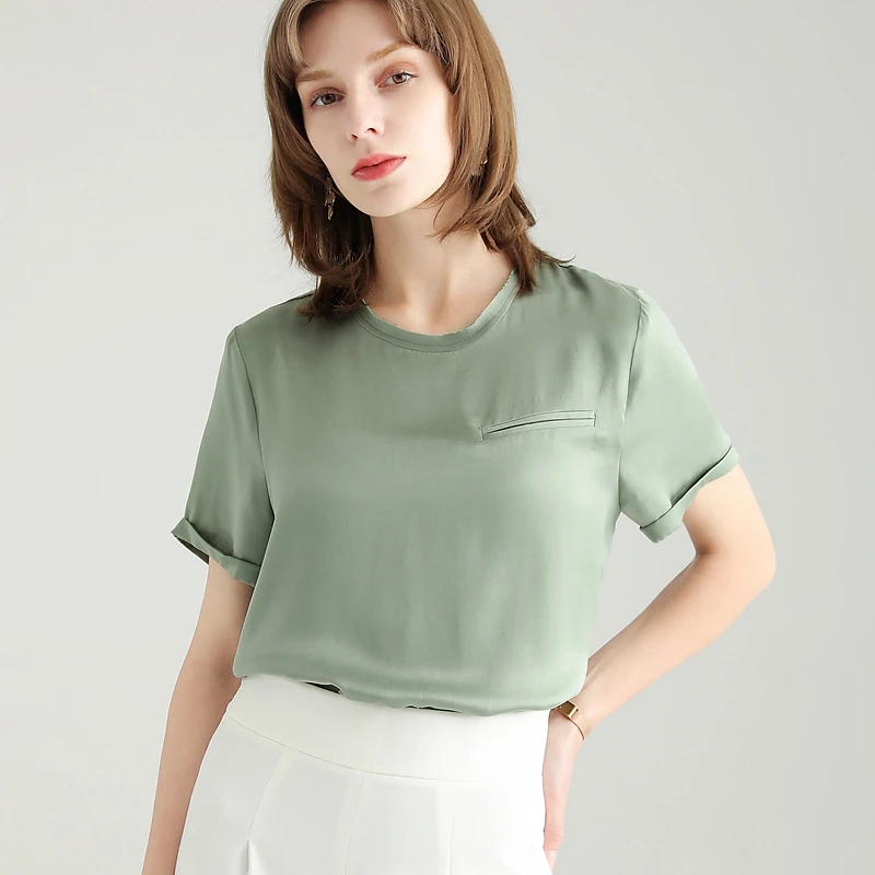 SuyaDream Women Solid T Shirt 100%Silk Satin O Neck Short Sleeves Chic Shirt 2021 Spring Summer White Silk Top