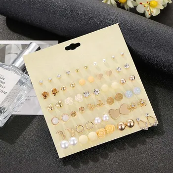 

ethnic boho small golden piercing heart round ball resin flower stud earrings for women trendy crystal pearl wedding earrings