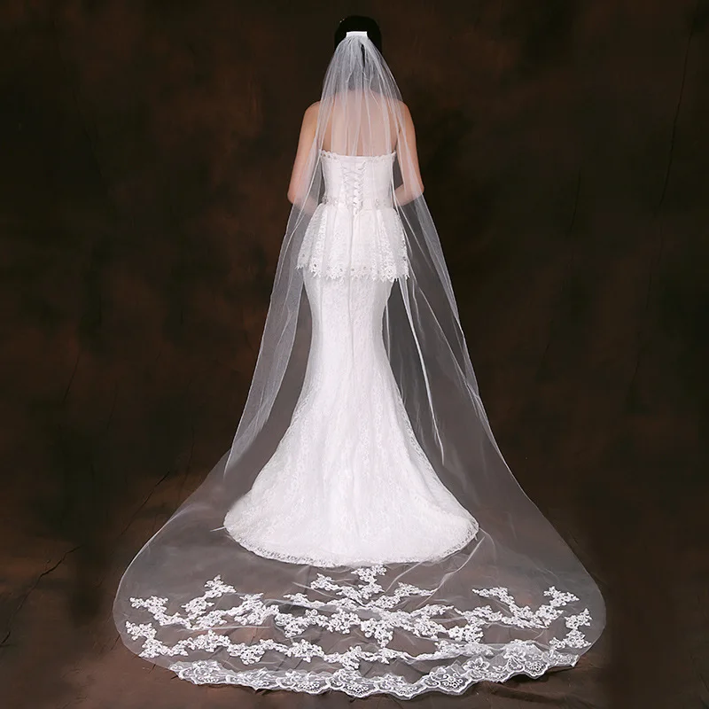 SERMENT Mermaid Wedding One-Layer Veil Embroidered Applique Bride Veil 300cm Cathedral Trailing Lace Veil Wedding Accessories SERMENT Mermaid Wedding One-Layer Veil Embroidered Applique Bride Veil 300cm Cathedral Trailing Lace Veil Wedding Accessories