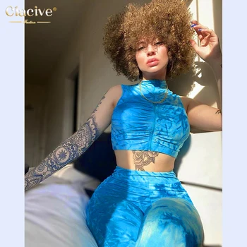 

Clacive Women Blue Printed Sleeveless 2 Piece Set Sports Fitness 2 Piece Sets Womens Outfits