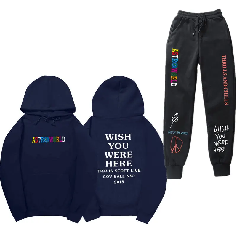 Трэвиса Скотта ASTROWORLD WISH YOU WAS HERE толстовки наборы уличная флисовая толстовка спортивные штаны Мужские Женские худи и брюки S-3XL