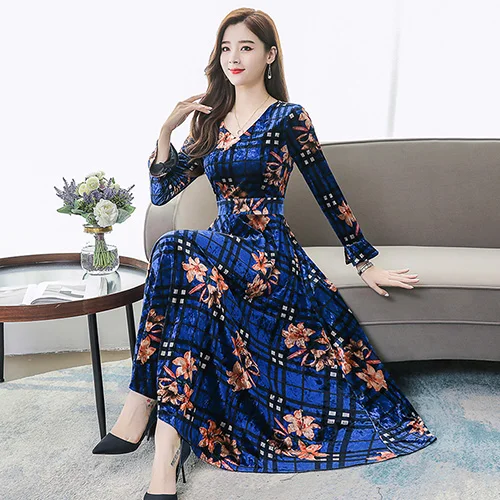 Синий Vintage Floral Velvet Maxi Dresses Autumn Winter 3XL Plus Size Long Sleeve Midi Dress Elegant Women Bodycon Party Vestidos - Цвет: Синий