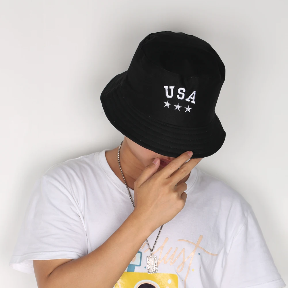 Унисекс черные шляпы-ведерки белые США буквы шапка с вышивкой летние мужские и женские уличные солнцезащитные хлопковые рыболовные охотничьи шапки