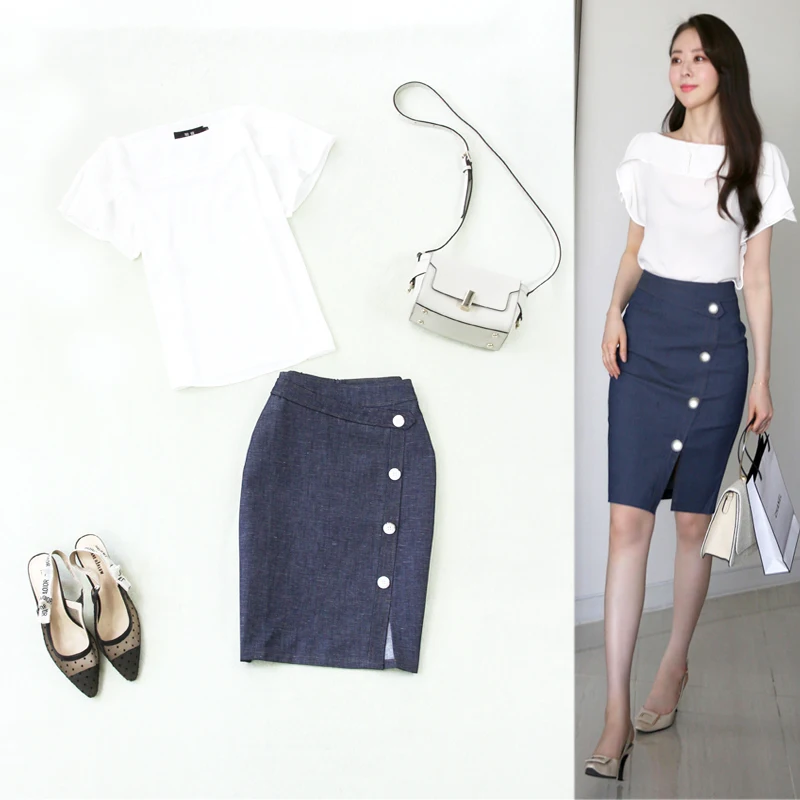 

Women's suit two-piece summer new fashion white chiffon neckline shirt + denim bag hip pencil skirt 0L set 2 piece set women