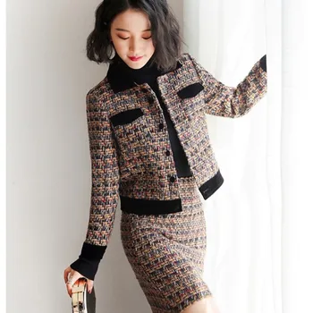 

2020 Autumn Winter Vintage Tweed Dress Women Set 2 Two Piece Long Sleeve Jacket Tops and Skirt Suits Wool Cotton Outfits Female