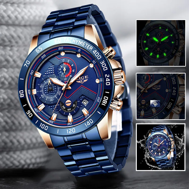 $20.99 Relogio Masculino Men Watch Lige Top Brand Luxury Blue All Steel Wrist Watch Chronograph Army Milit
