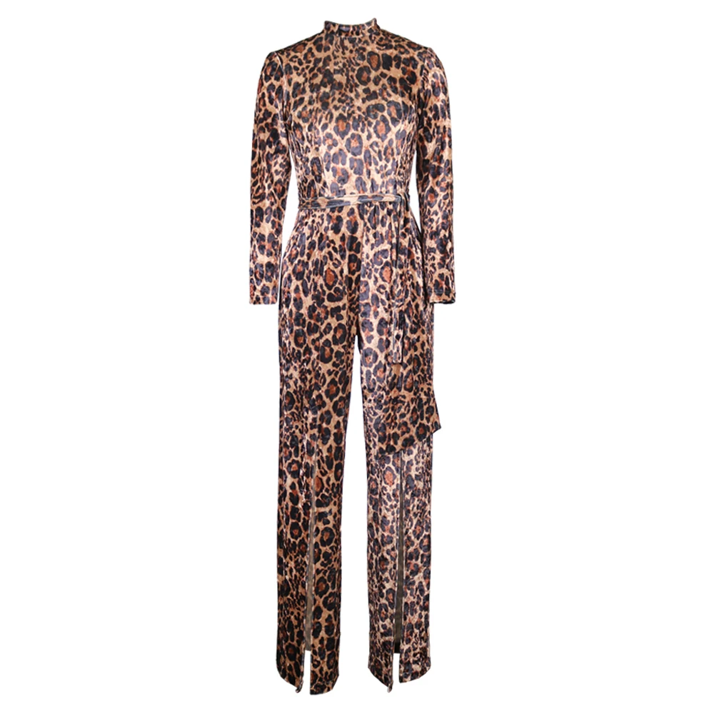 

Sexy Leopard Color Velvet Jumpsuits for Women Long Sleeve High Slit Wide Leg Waist Belts Overalls Fall Clothes Fashion Clubwaar