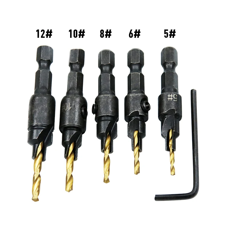 

5pcs Countersink Drill Woodworking Drill Bit Set Drilling Pilot Holes For Screw Sizes #5 #6 #8 #10 #12