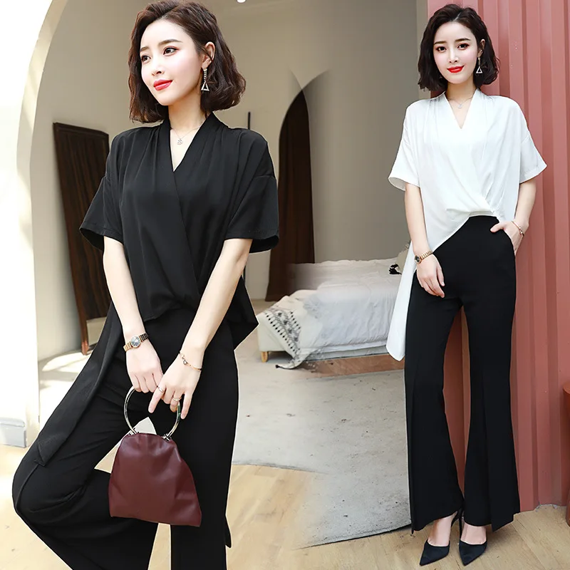 

2019 Summer V-neck High-waisted Fashion Comfortable Elegant Simple Versatile Short Sleeve Set