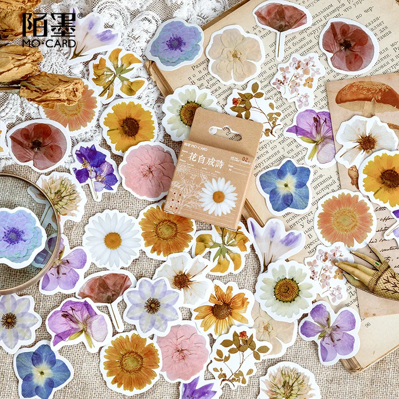 Mohamm-pegatinas en caja con flores de creación propia, pegatinas escamas decorativas creativas, álbum de recortes, suministros escolares, papelería, 46 Uds.