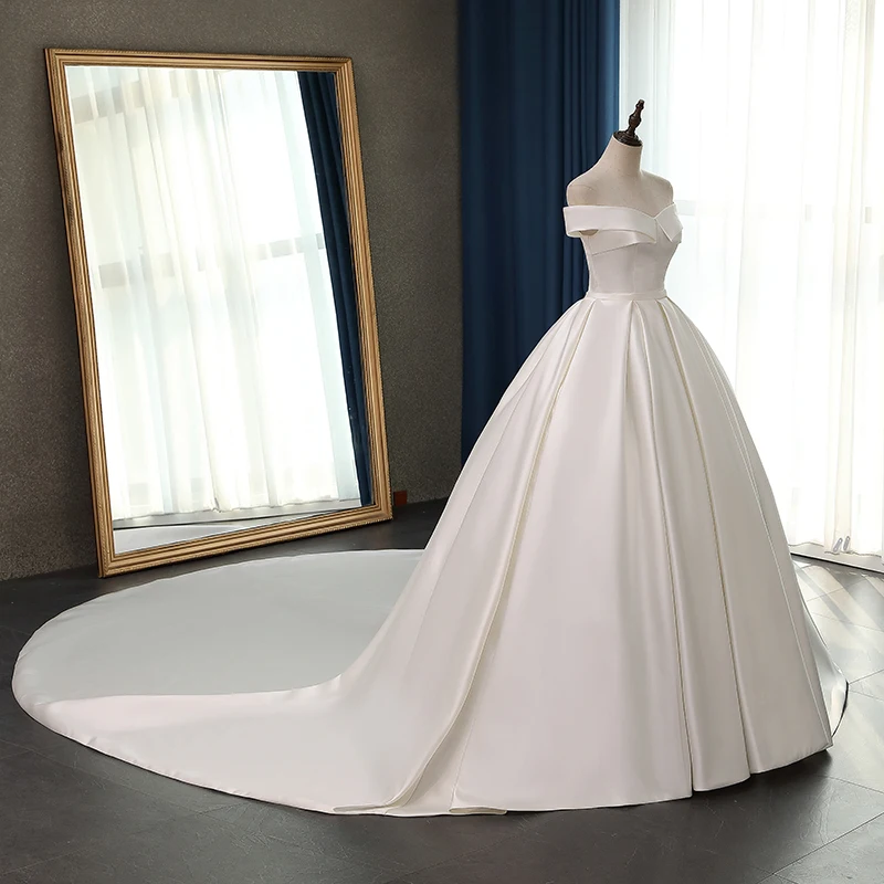 Fansmile сатиновое Vestido de Noiva элегантное бальное платье свадебное платье Длинный Шлейф Свадебное бальное платье размера плюс индивидуальный FSM-078T