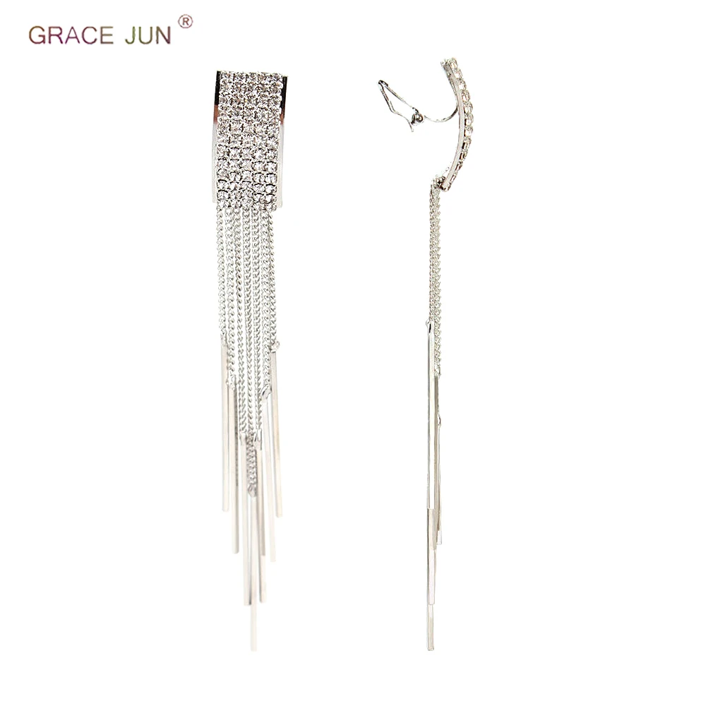 New Arrival Luxury Bridal Rhinestone Square Shape Tassel Clip on Earrings Non Piercing for Women Big Statement | Украшения и