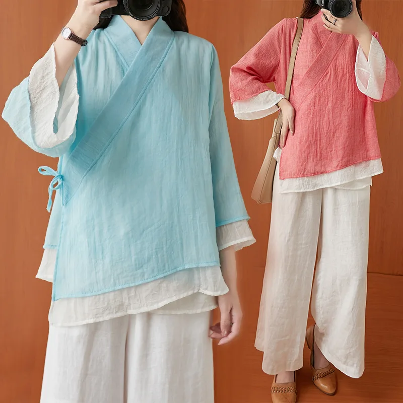 

Женские Элегантные Топы дзен-чай, рубашки в китайском стиле, повседневные халаты ханьфу, кардиган аозай, платье, футболка, Свободная блузка, Восточная одежда