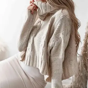 

Sexy Retro Twisted Turtleneck Pullovers High Street Autumn Winter Women Loose Thick Long Sleeve Short Sweater