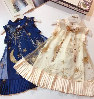

6414 Moon & Sun Sequins Embroidery New Princess Baby Girl Dress Summer Party Wedding Kid Dress For Girl Wholesale Child Clothes