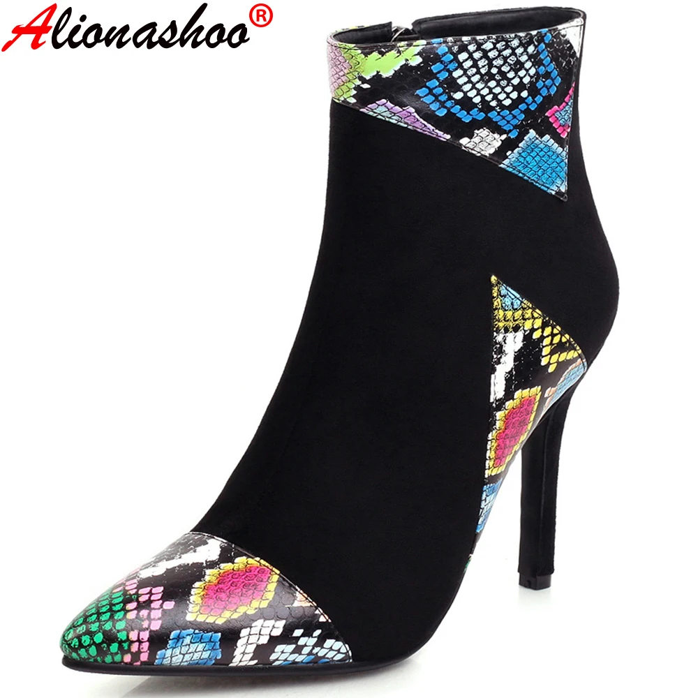 

Aliona Shoo Large Sizes 48 Women Ankle Boots Side Zipper High Heel Women Boots Patchwork Pointed Sexy Ladies Shoes Women Booties