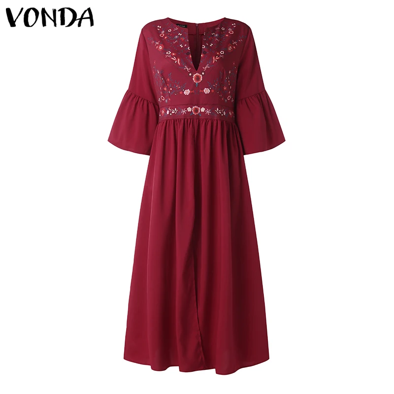 Wine Red Богемное женское винтажное платье с принтом VONDA сексуальное платье с v-образным вырезом и рукавами с рюшами макси длинные платья размера плюс повседневные свободные платья - Цвет: Wine Red