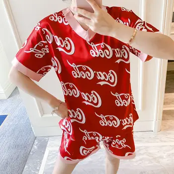 

Red Silk pajamas women Cute Print short Sleeve Satin V-neck Sleepwear Set New Lonxu homewear Sets Young Girl home clothes