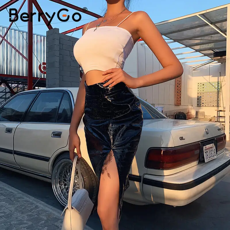 BerryGo, женская мода, крокодиловый принт, искусственная кожа, юбка, высокая талия, Сплит, сексуальные, Облегающие юбки, уличная одежда, женские миди юбки-карандаш