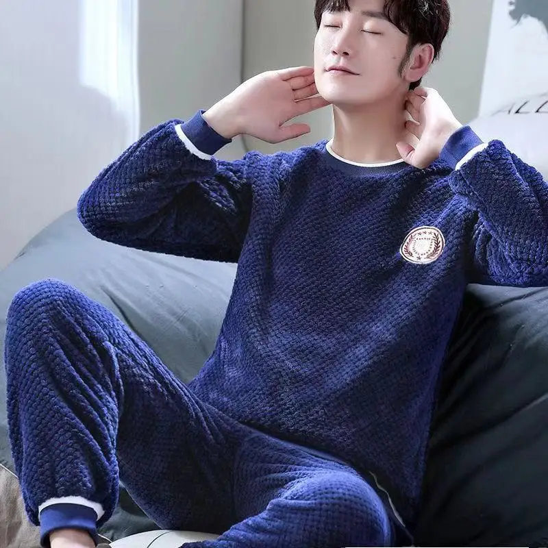 Men's Flannel Pajamas Sets Thick Warm Winter Sleepwear Plus Size Long Sleeve Round Neck Homewear Pyjamas clothing peignoir homme